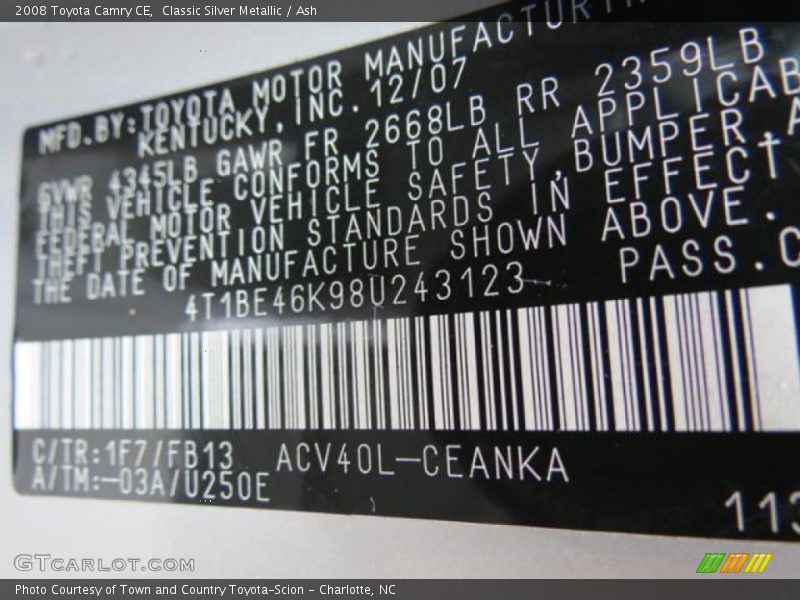 Classic Silver Metallic / Ash 2008 Toyota Camry CE