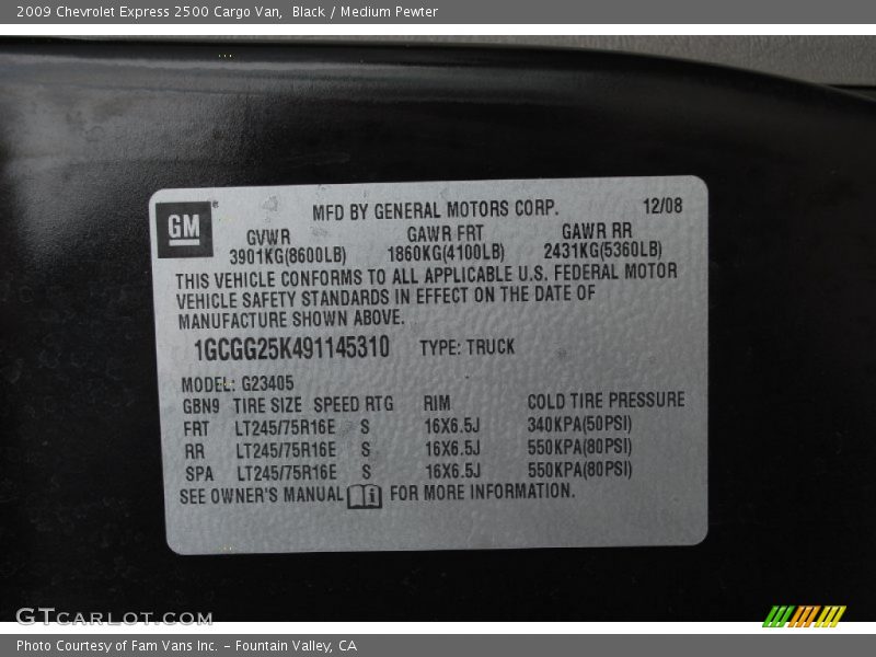 Black / Medium Pewter 2009 Chevrolet Express 2500 Cargo Van
