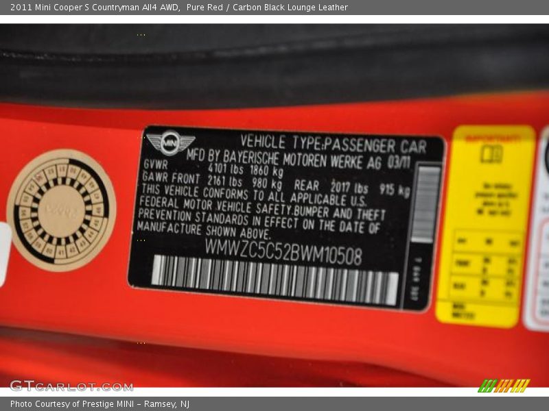 Pure Red / Carbon Black Lounge Leather 2011 Mini Cooper S Countryman All4 AWD