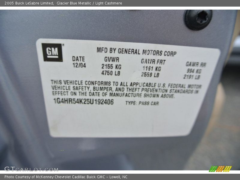 Info Tag of 2005 LeSabre Limited