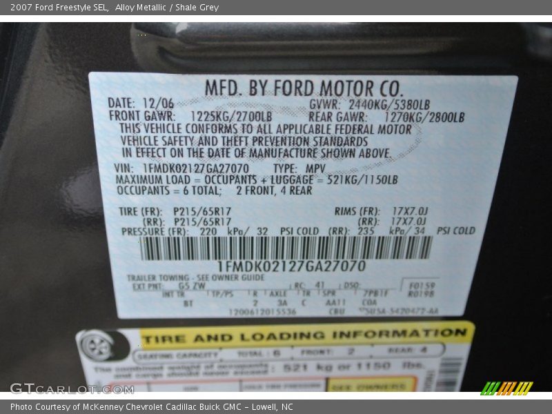 2007 Freestyle SEL Alloy Metallic Color Code G5
