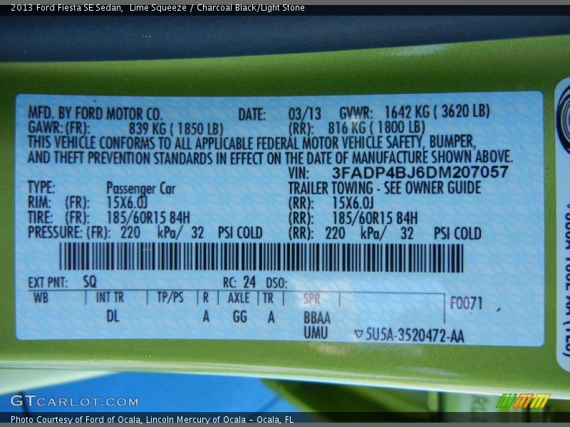 Lime Squeeze / Charcoal Black/Light Stone 2013 Ford Fiesta SE Sedan