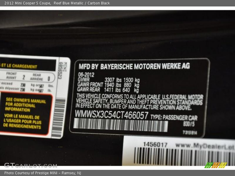 Reef Blue Metallic / Carbon Black 2012 Mini Cooper S Coupe