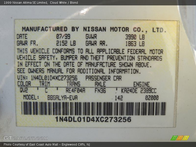 Cloud White / Blond 1999 Nissan Altima SE Limited