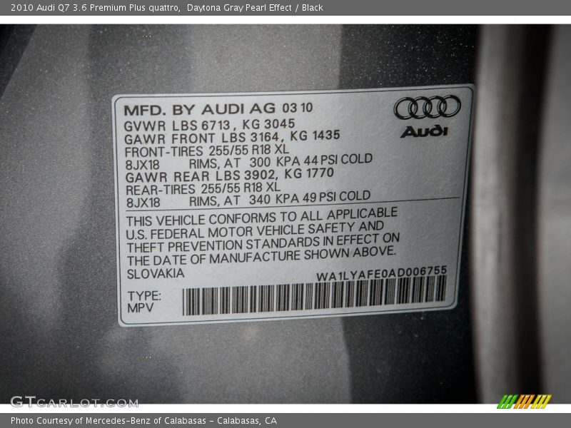 Info Tag of 2010 Q7 3.6 Premium Plus quattro