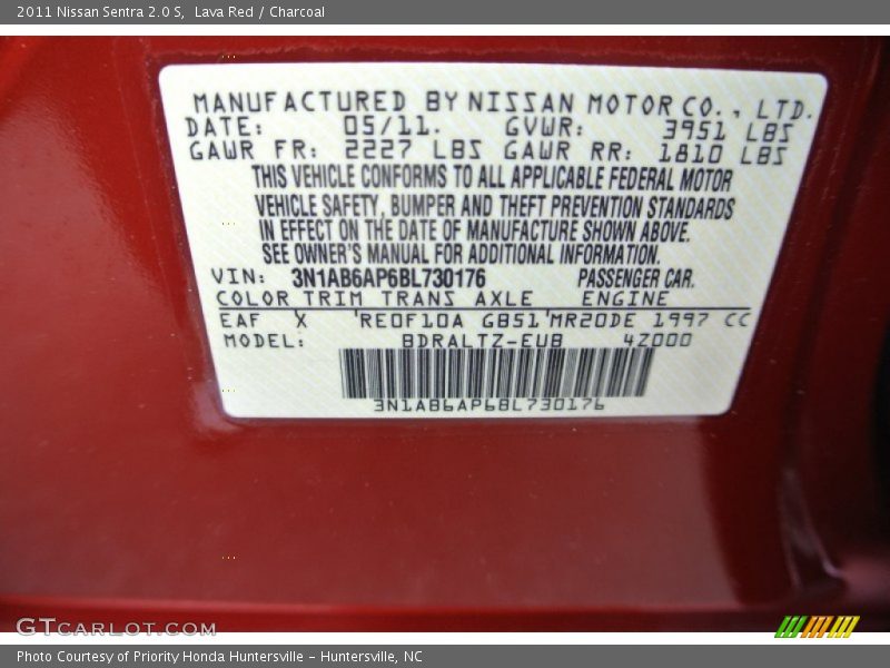 Lava Red / Charcoal 2011 Nissan Sentra 2.0 S