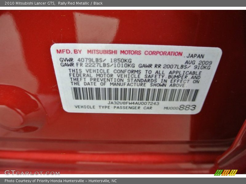 Rally Red Metallic / Black 2010 Mitsubishi Lancer GTS