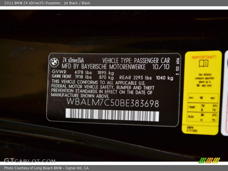 Info Tag of 2011 Z4 sDrive35i Roadster