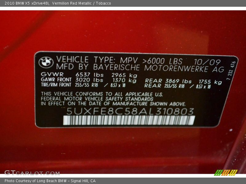 Info Tag of 2010 X5 xDrive48i