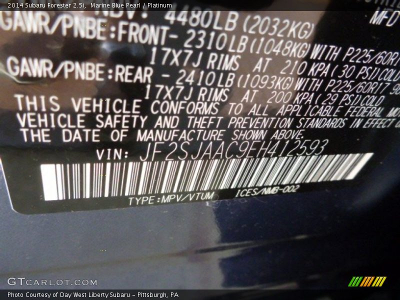 Marine Blue Pearl / Platinum 2014 Subaru Forester 2.5i