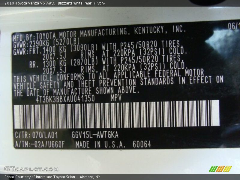 Blizzard White Pearl / Ivory 2010 Toyota Venza V6 AWD
