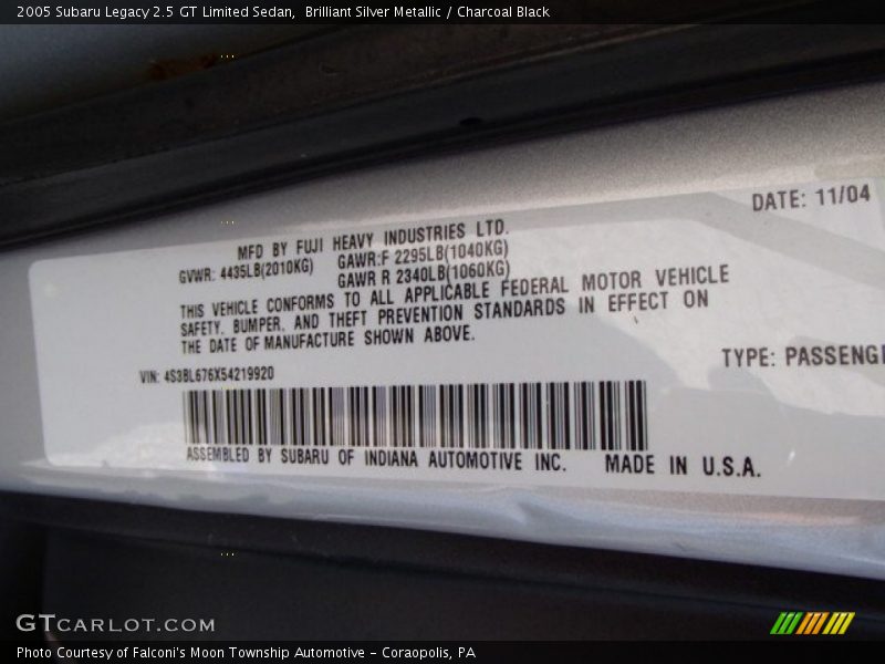 Brilliant Silver Metallic / Charcoal Black 2005 Subaru Legacy 2.5 GT Limited Sedan