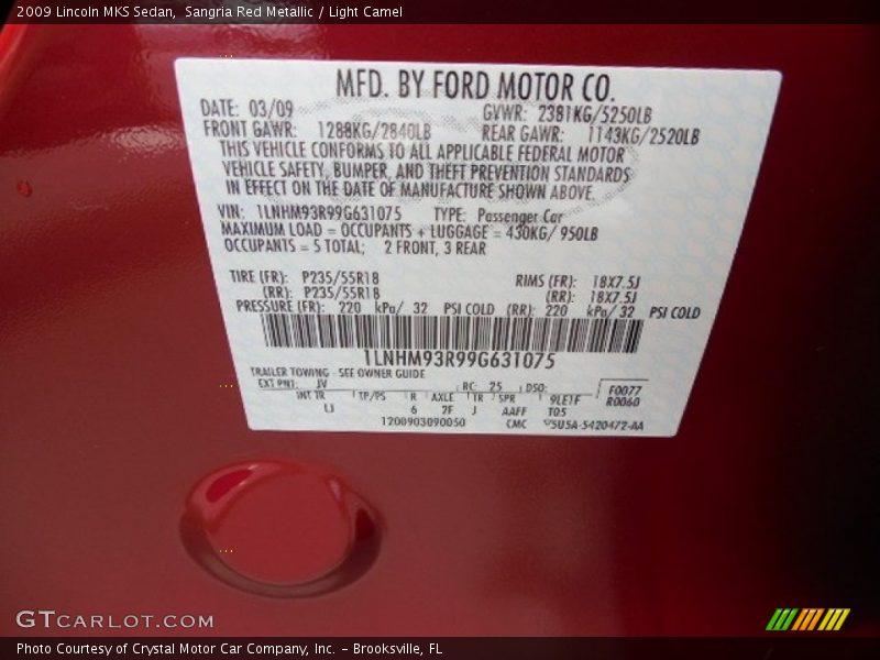 2009 MKS Sedan Sangria Red Metallic Color Code JV