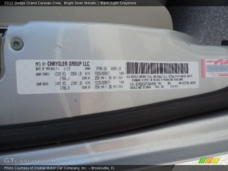 Bright Silver Metallic / Black/Light Graystone 2012 Dodge Grand Caravan Crew