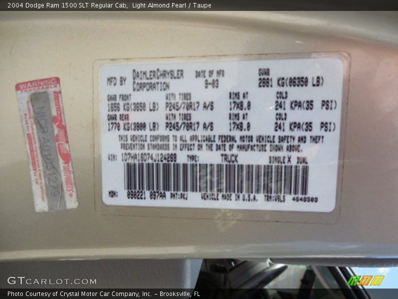 2004 Ram 1500 SLT Regular Cab Light Almond Pearl Color Code PKJ