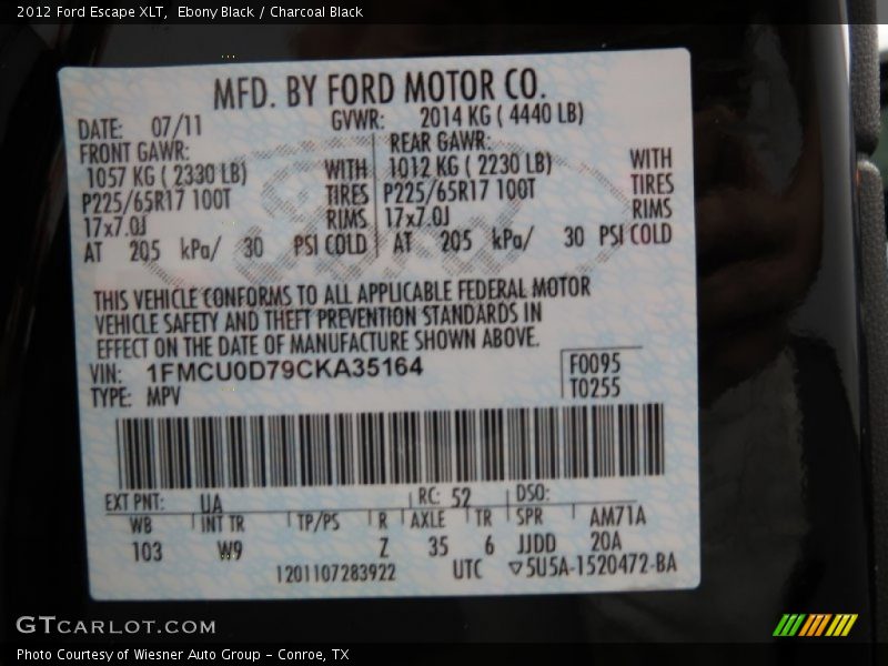 Ebony Black / Charcoal Black 2012 Ford Escape XLT