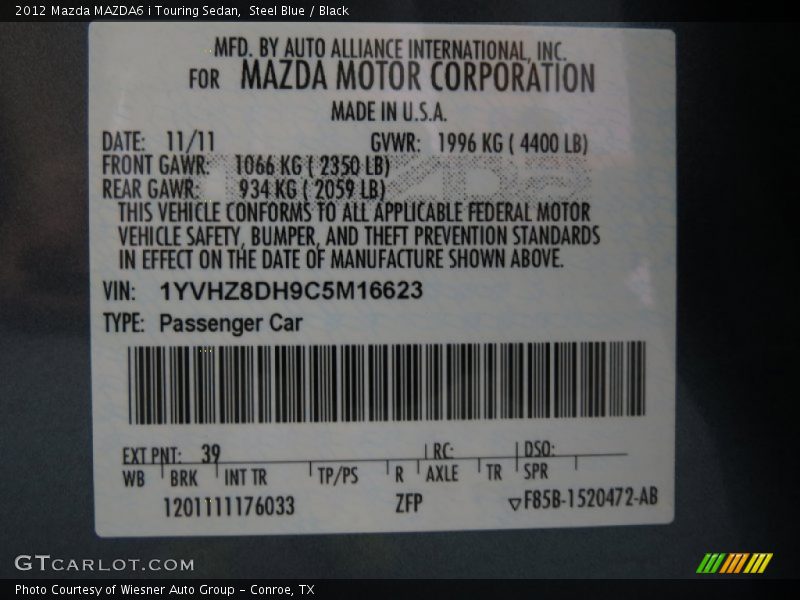Steel Blue / Black 2012 Mazda MAZDA6 i Touring Sedan