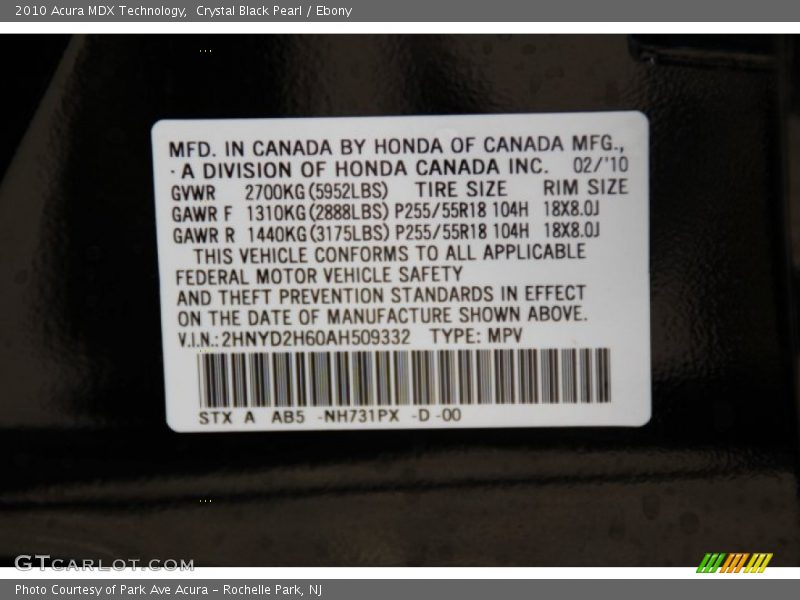 Crystal Black Pearl / Ebony 2010 Acura MDX Technology