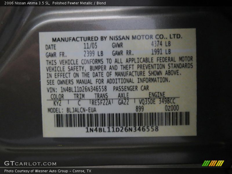 Polished Pewter Metallic / Blond 2006 Nissan Altima 3.5 SL