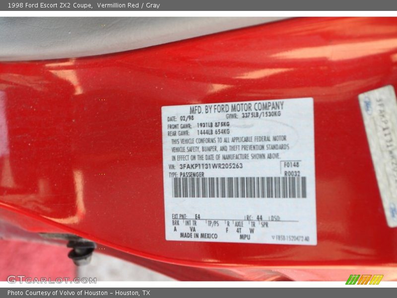 1998 Escort ZX2 Coupe Vermillion Red Color Code E4