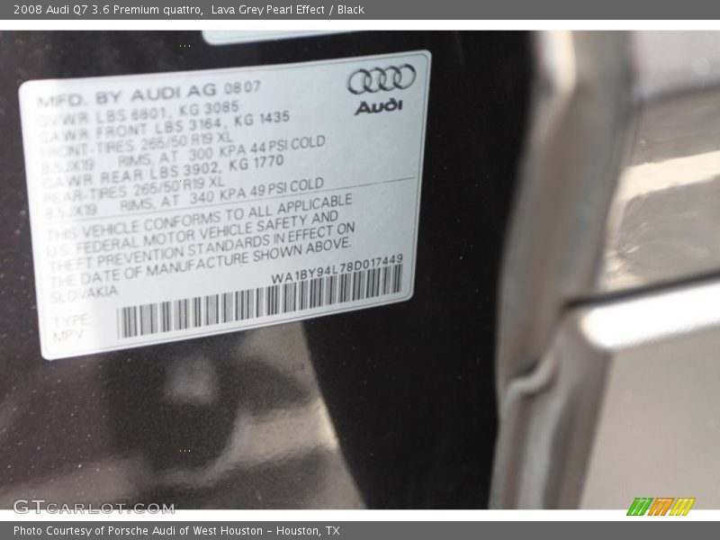 Lava Grey Pearl Effect / Black 2008 Audi Q7 3.6 Premium quattro