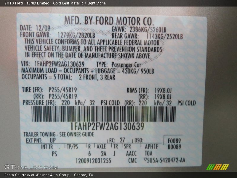 2010 Taurus Limited Gold Leaf Metallic Color Code UP
