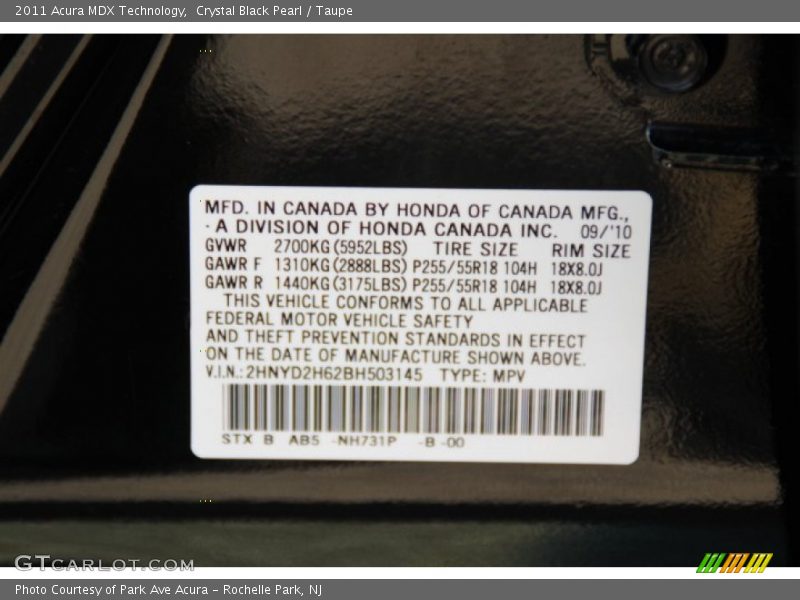 Crystal Black Pearl / Taupe 2011 Acura MDX Technology