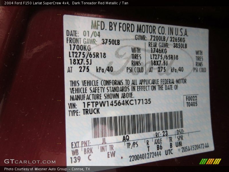 2004 F150 Lariat SuperCrew 4x4 Dark Toreador Red Metallic Color Code JL