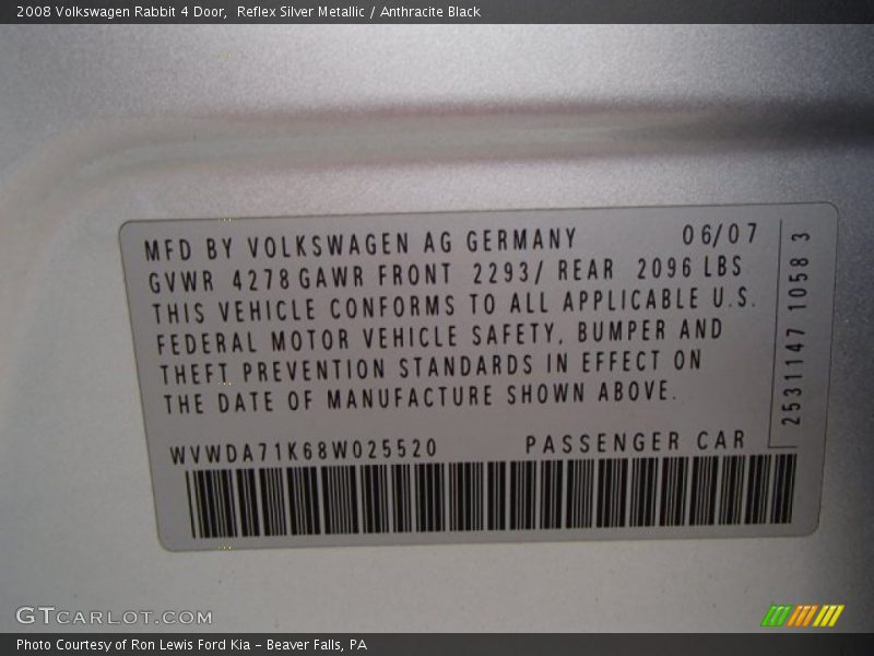 Reflex Silver Metallic / Anthracite Black 2008 Volkswagen Rabbit 4 Door