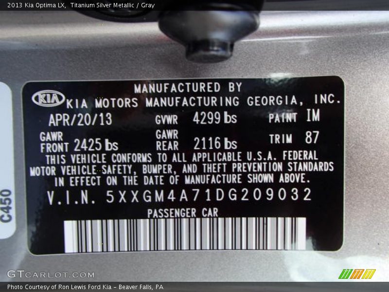 Titanium Silver Metallic / Gray 2013 Kia Optima LX