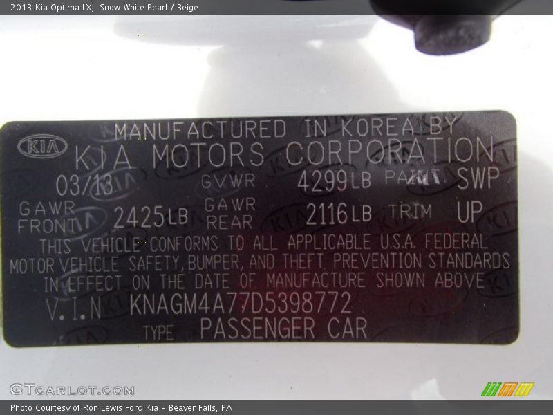 Snow White Pearl / Beige 2013 Kia Optima LX