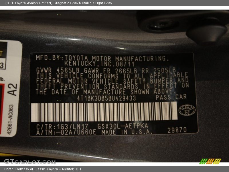 Magnetic Gray Metallic / Light Gray 2011 Toyota Avalon Limited