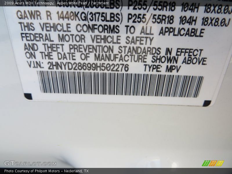 Aspen White Pearl / Parchment 2009 Acura MDX Technology