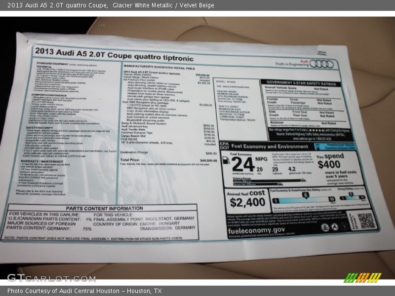  2013 A5 2.0T quattro Coupe Window Sticker