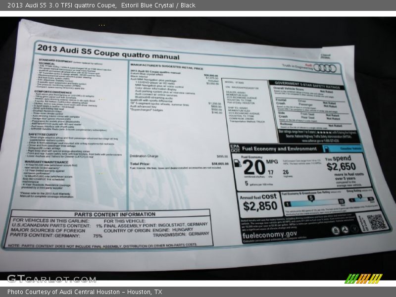  2013 S5 3.0 TFSI quattro Coupe Window Sticker