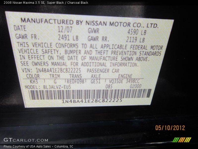 Super Black / Charcoal Black 2008 Nissan Maxima 3.5 SE