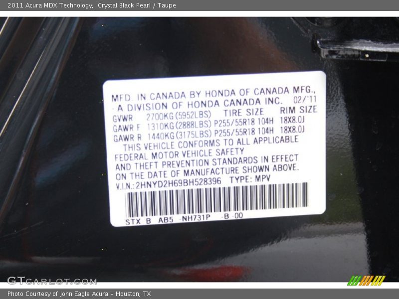 Crystal Black Pearl / Taupe 2011 Acura MDX Technology