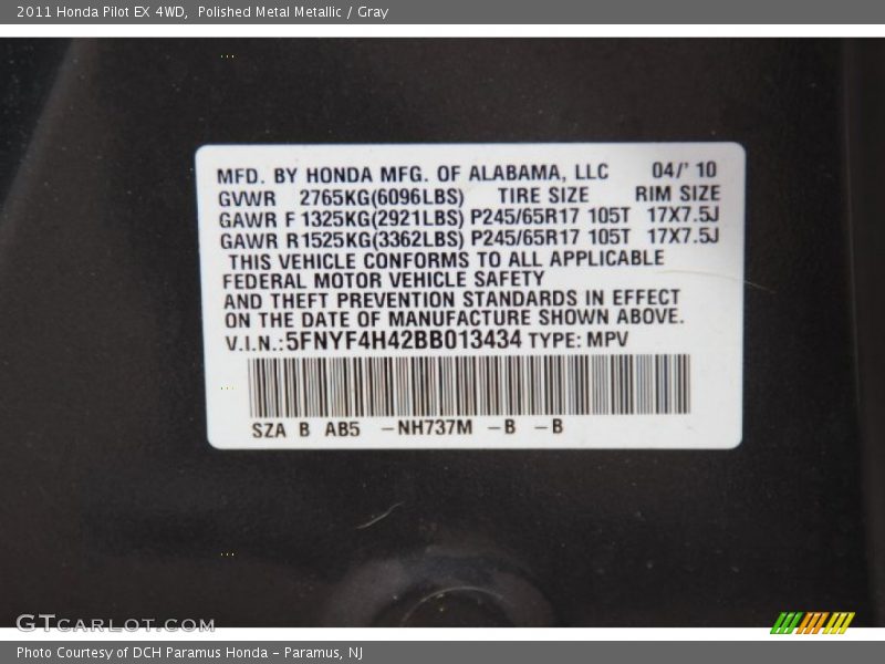Polished Metal Metallic / Gray 2011 Honda Pilot EX 4WD