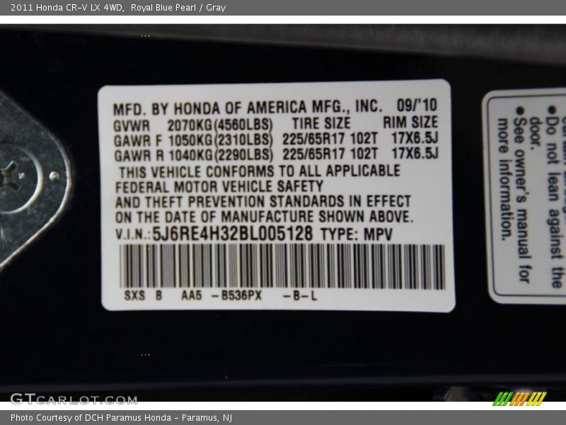 Royal Blue Pearl / Gray 2011 Honda CR-V LX 4WD