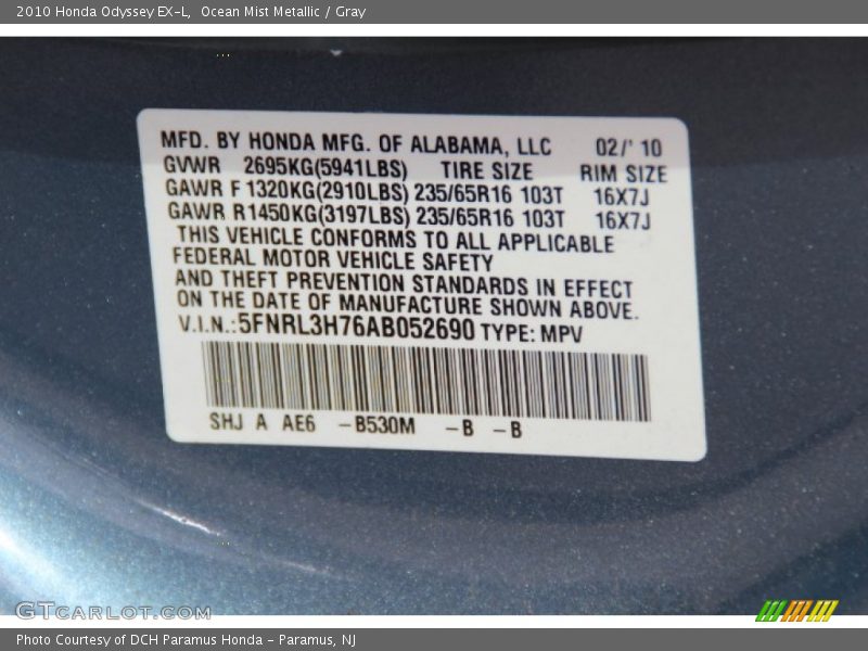 Ocean Mist Metallic / Gray 2010 Honda Odyssey EX-L