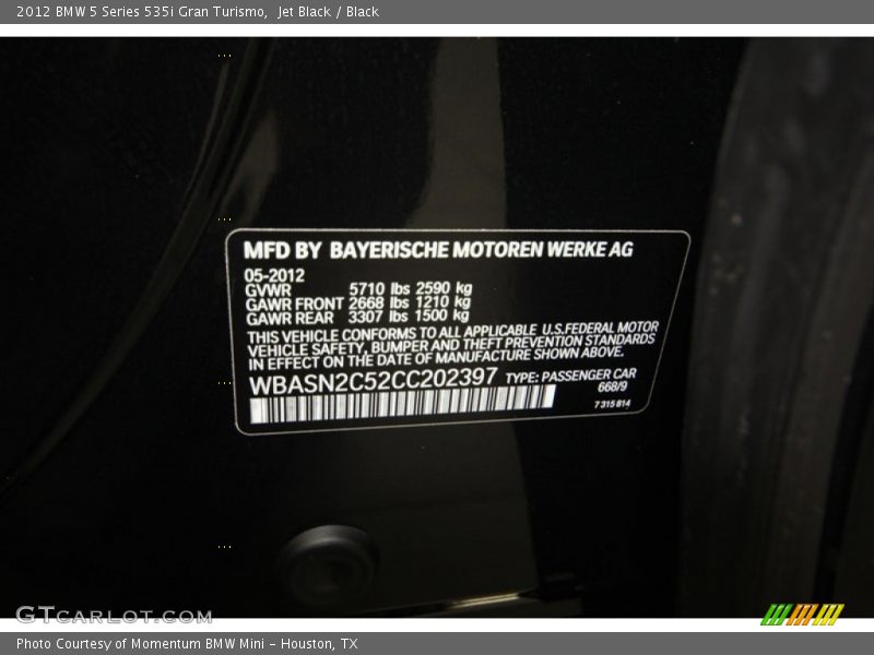 Jet Black / Black 2012 BMW 5 Series 535i Gran Turismo