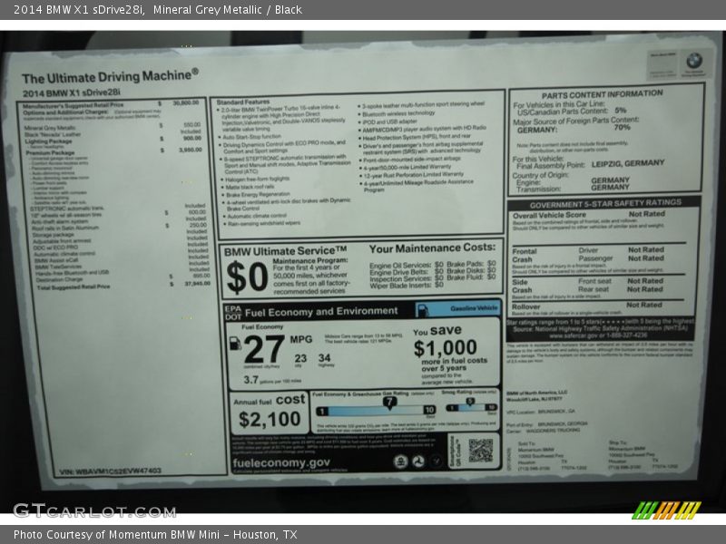  2014 X1 sDrive28i Window Sticker