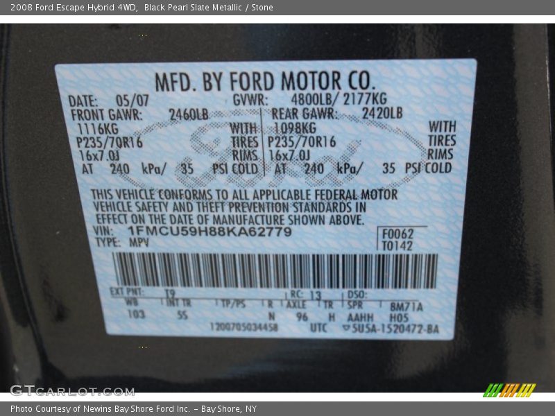 2008 Escape Hybrid 4WD Black Pearl Slate Metallic Color Code T9