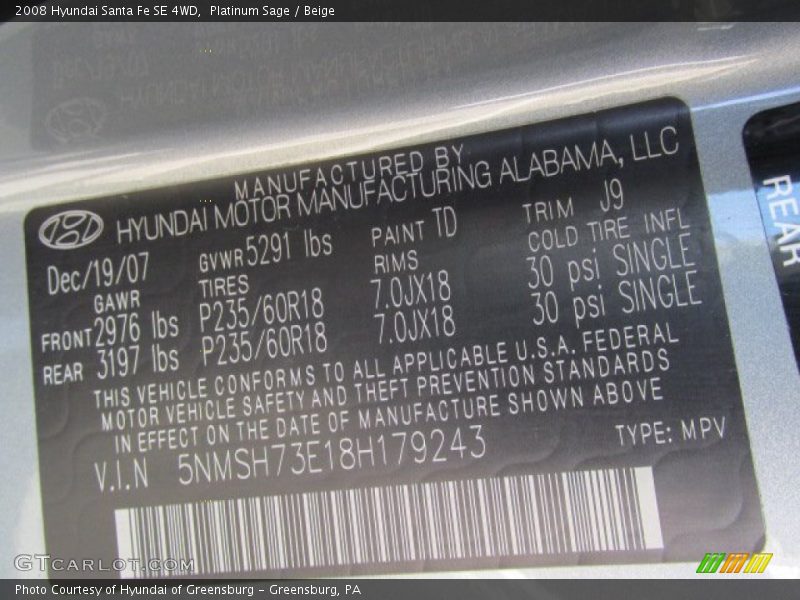 Platinum Sage / Beige 2008 Hyundai Santa Fe SE 4WD