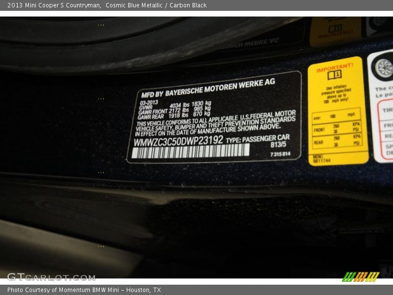 Cosmic Blue Metallic / Carbon Black 2013 Mini Cooper S Countryman