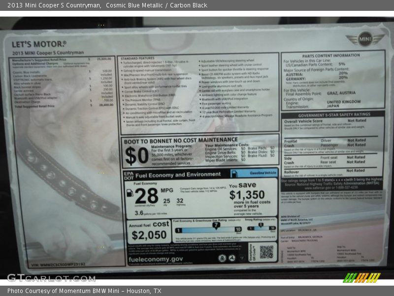 Cosmic Blue Metallic / Carbon Black 2013 Mini Cooper S Countryman