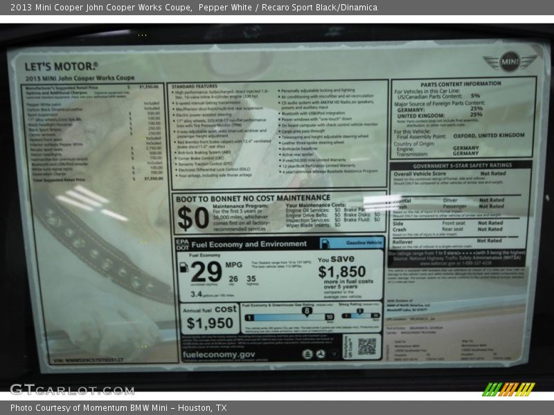  2013 Cooper John Cooper Works Coupe Window Sticker