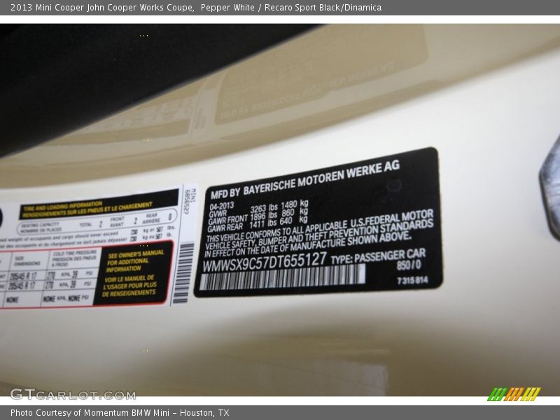 2013 Cooper John Cooper Works Coupe Pepper White Color Code 850