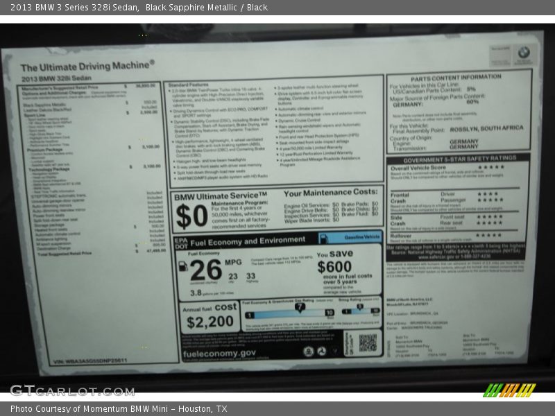  2013 3 Series 328i Sedan Window Sticker