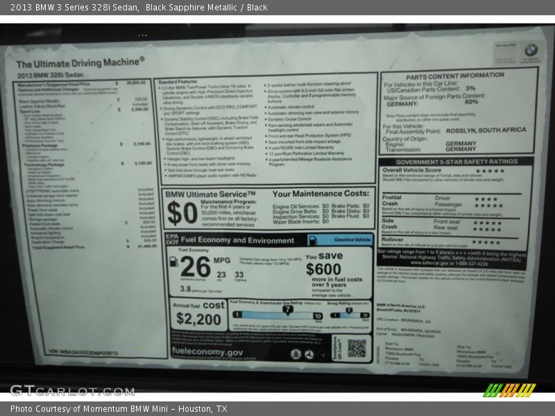  2013 3 Series 328i Sedan Window Sticker